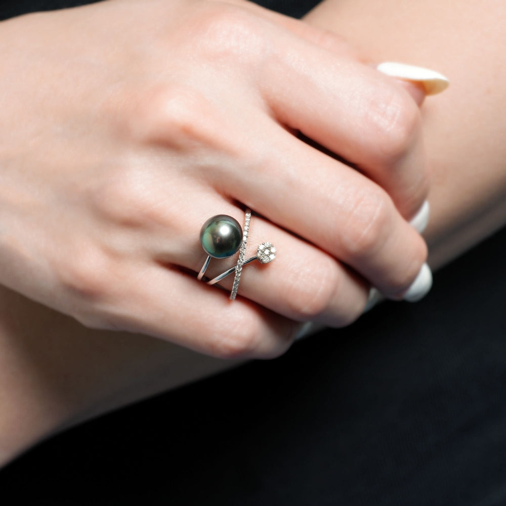 18K Gold Tahitian Pearl & Diamond Ring, Worn on a Hand