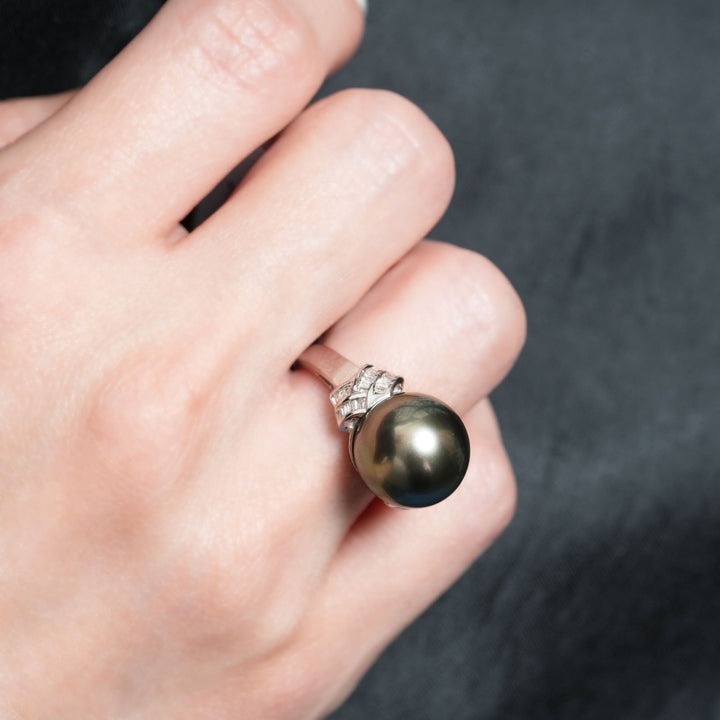 18K Tahitian Pearl & Diamond Ring, Worn on a Hand