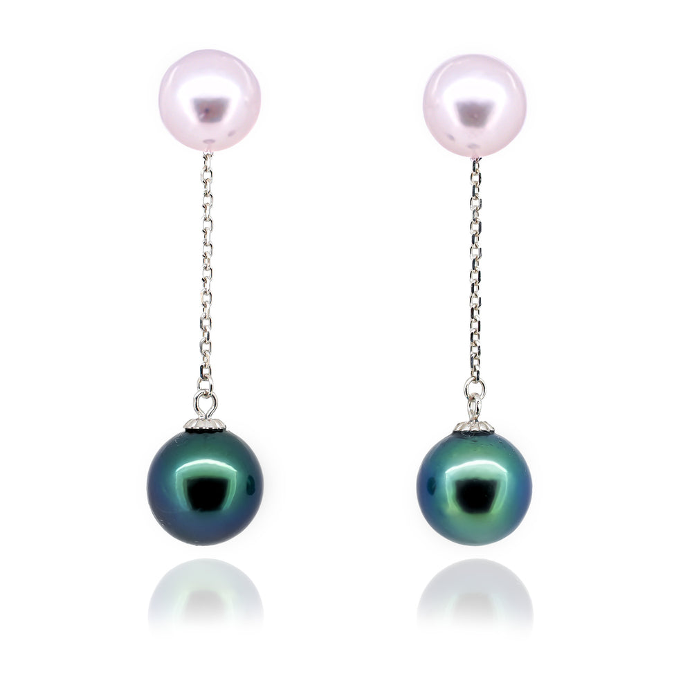 18K White Gold Earrings with 7-8mm Round Tahitian (Green) & Akoya (White) High Luster Pearls.