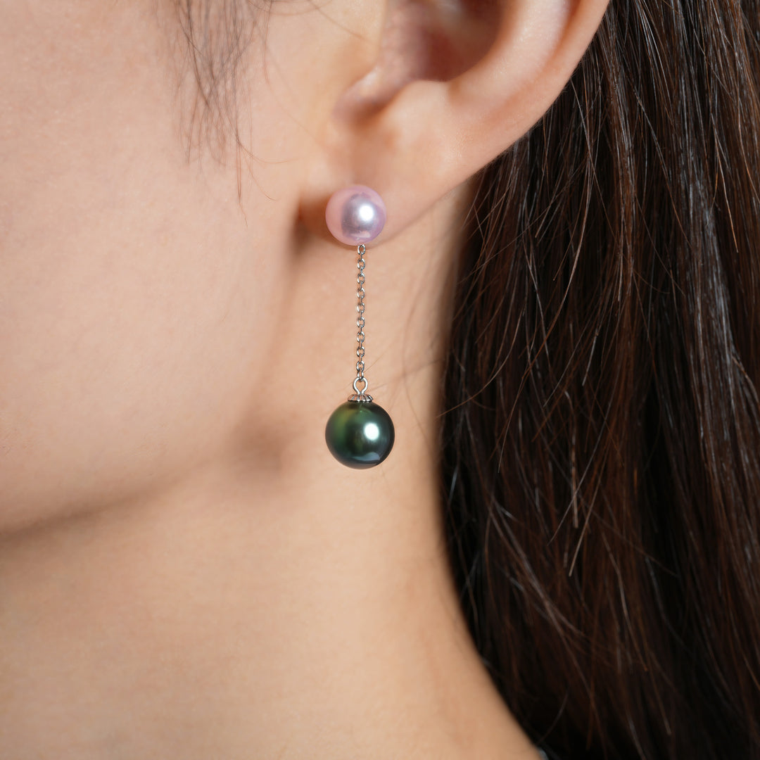 18K White Gold Earrings with 7-8mm Round Tahitian (Green) & Akoya (White) High Luster Pearls