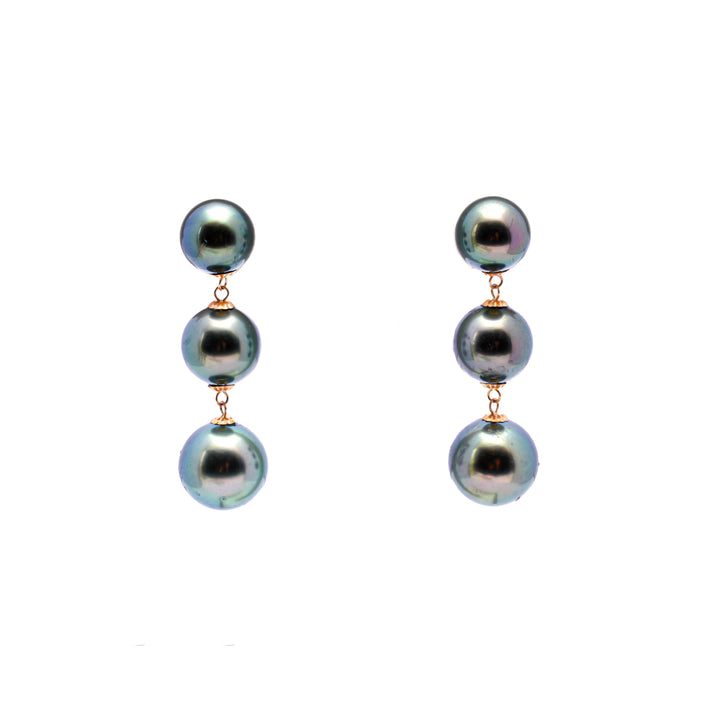 18k Gold Tahitian Pearls Earrings with 6 Green Pearls (8-10mm)