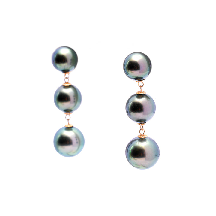 18k Gold Tahitian Pearls Earrings with 6 Green Pearls (8-10mm)