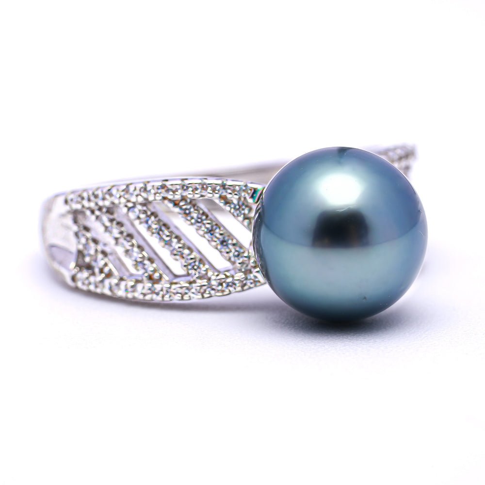 925 Silver Rhodium Ring with 9mm Green Tahitian Pearl & Zirconia