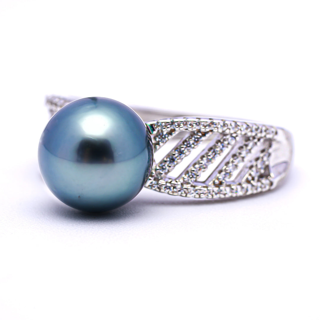 925 Silver Rhodium Ring with 9mm Green Tahitian Pearl & Zirconia