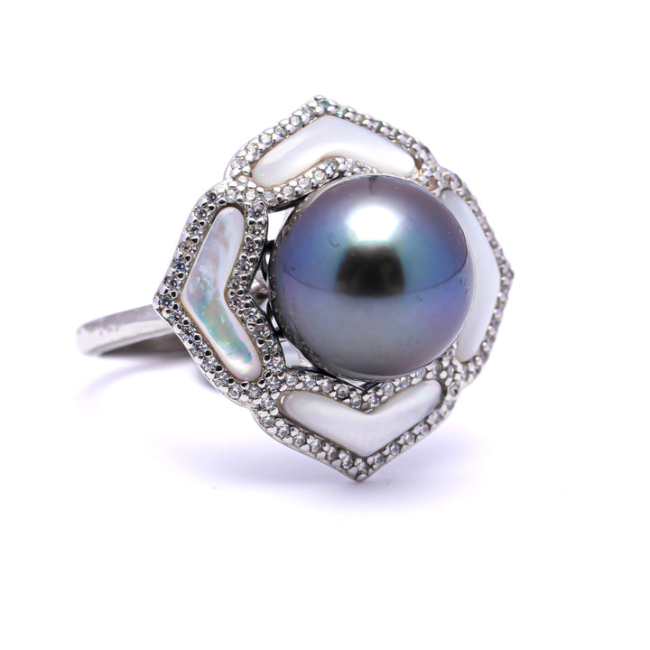 925 Silver Rhodium Tahitian Pearl Ring with 10mm Dark Pearl & Zirconia