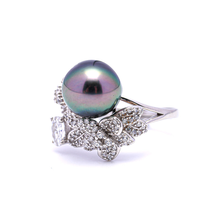 925 Silver Rhodium Tahitian Pearl Ring with 9mm Peacock Green Pearl