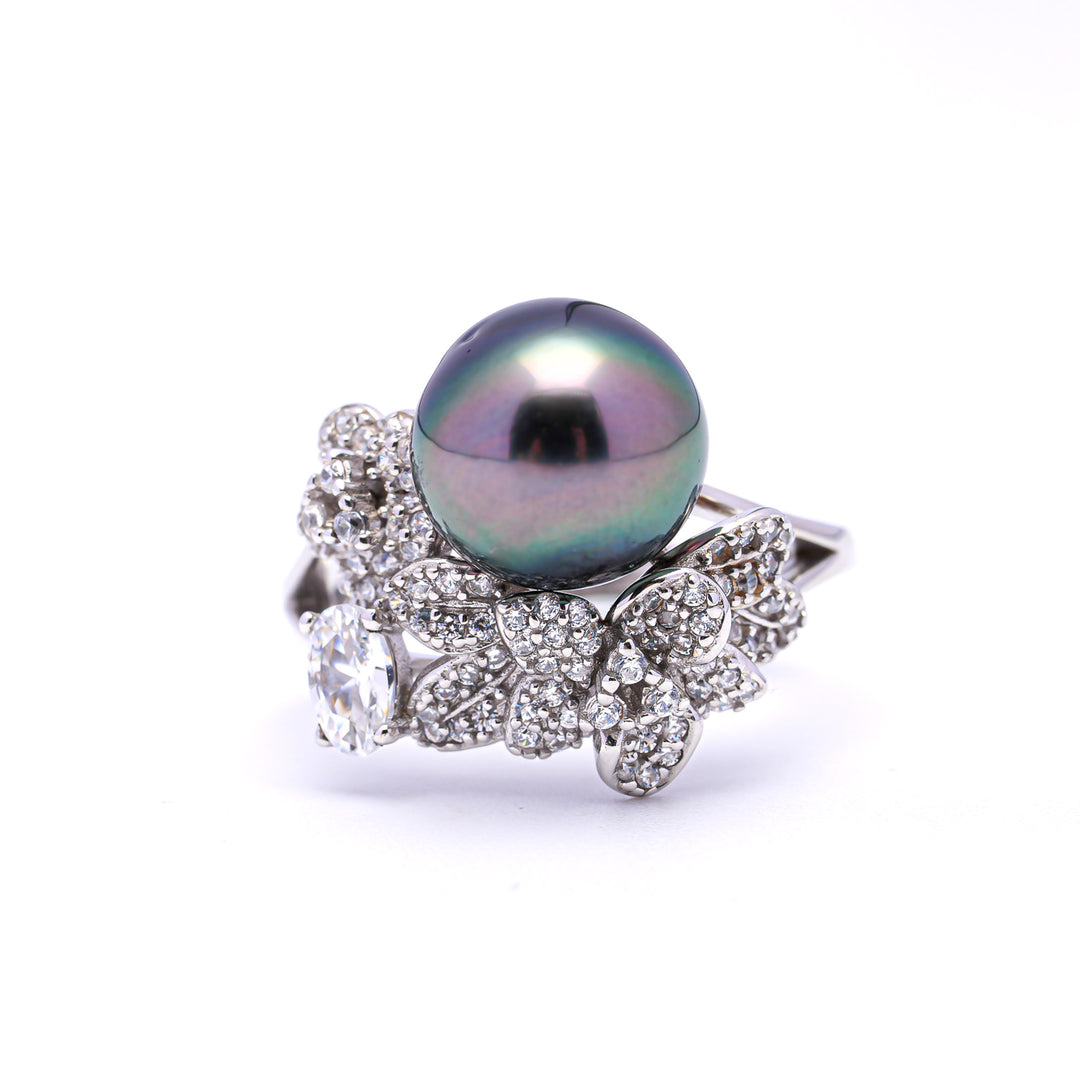 925 Silver Rhodium Tahitian Pearl Ring with 9mm Peacock Green Pearl