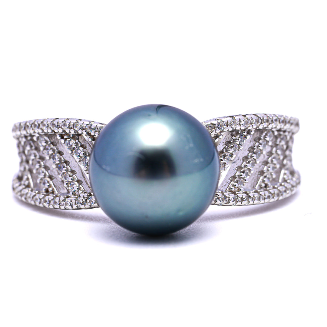 925 Silver Tahitian Pearl Ring with 9mm Green Blue Pearl & Zirconia