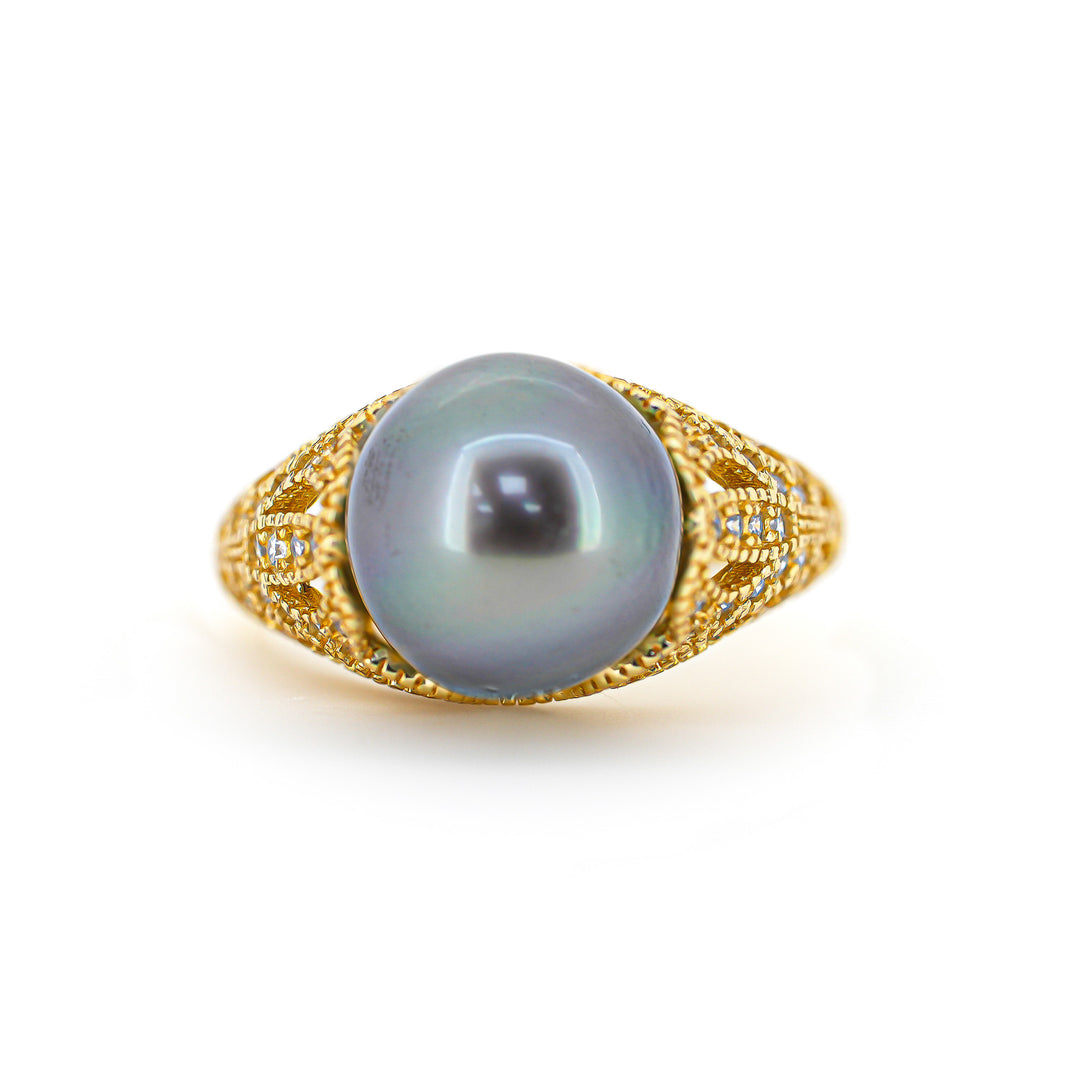 Artistic 925 Silver Tahitian Pearl Ring with 10.9mm Silver-Light Pearl & Zirconia