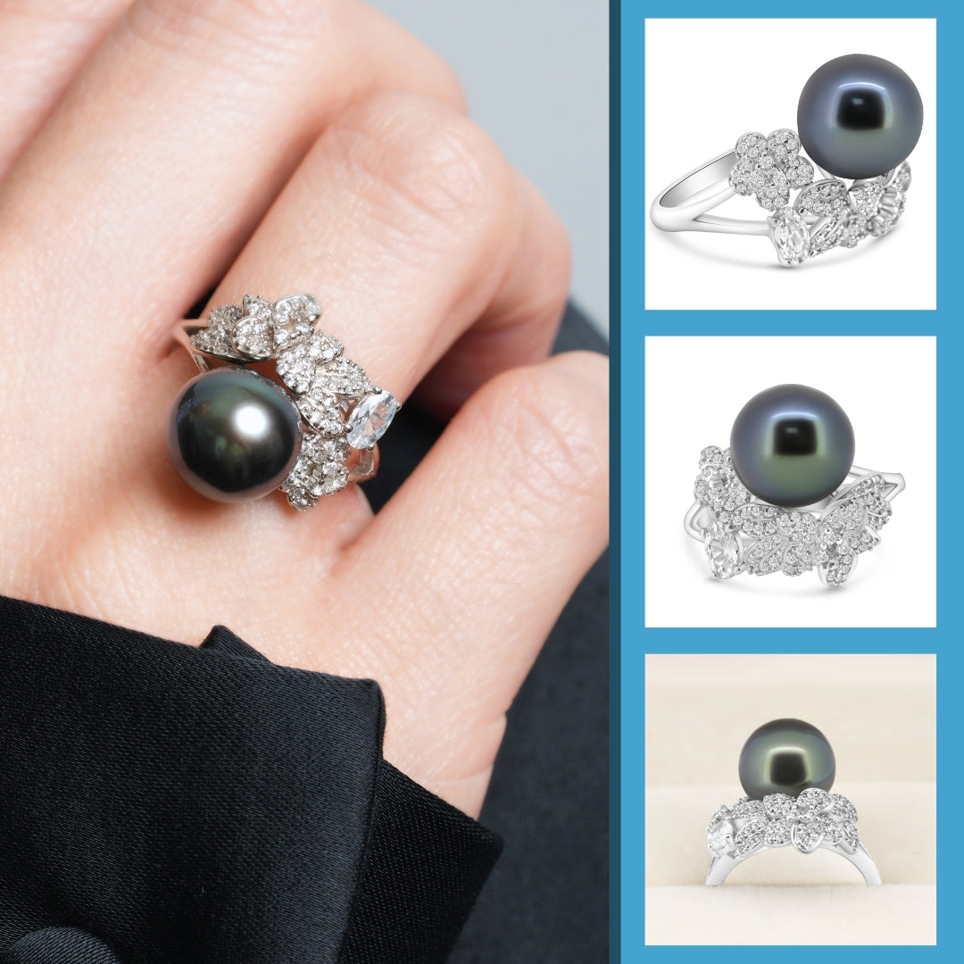 Dark Tahitian Pearl Ring in 925 Sterling Silver with Zirconia, Adjustable Size "Floral Party"