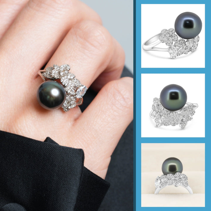 Dark Tahitian Pearl Ring in 925 Sterling Silver with Zirconia, Adjustable Size "Floral Party"