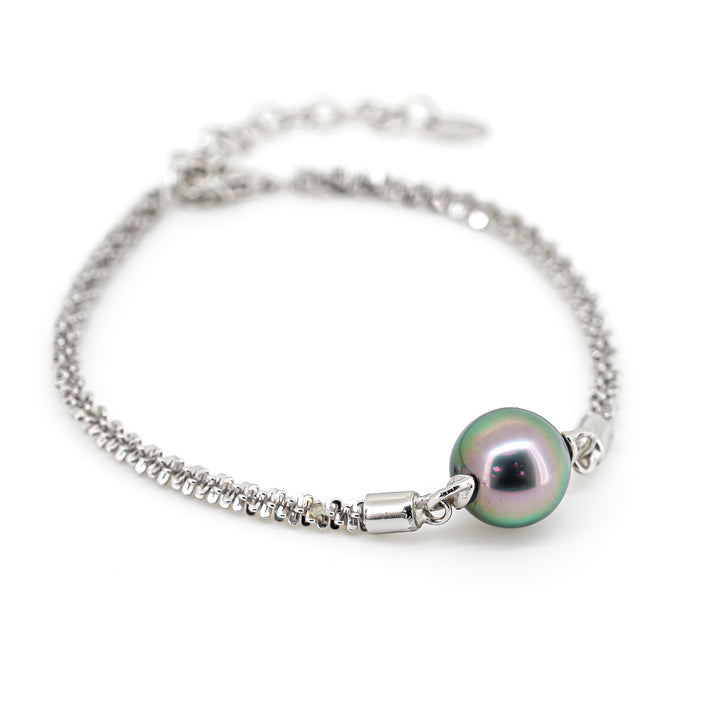 Elegant 10.7mm Green Tahitian Pearl Bracelet with Adjustable Silver Chain