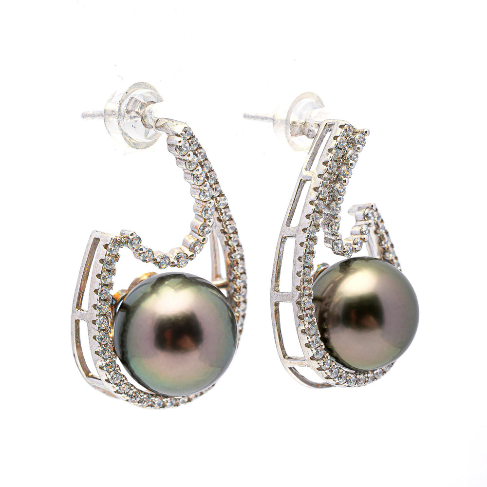 Elegant 10mm Green Tahitian Pearl Earrings in 925 Sterling Silver with Zirconia Accents.