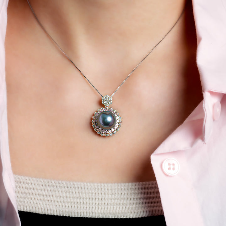 Elegant 12mm Tahitian Pearl Necklace on 925 Silver Chain, 17.5 Inches