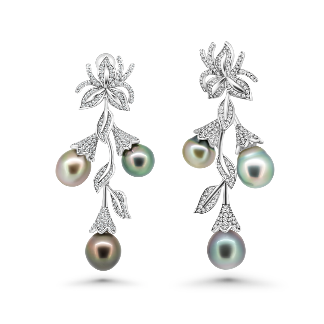 Elegant 925 Silver Floral-Style Tahitian Pearl Earrings