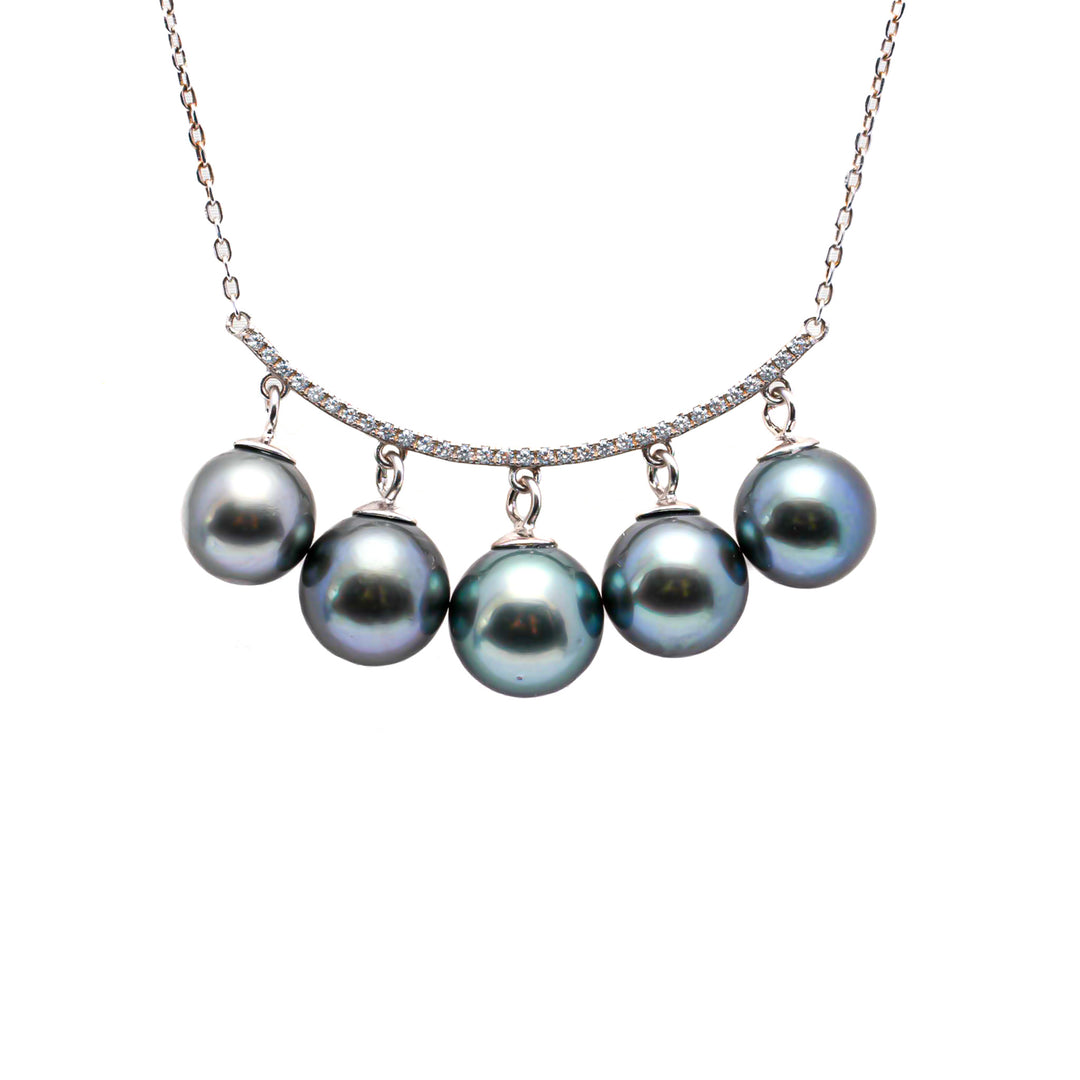 Elegant 925 Silver Necklace with Dark Green Tahitian Pearl & Zirconia Gemstone