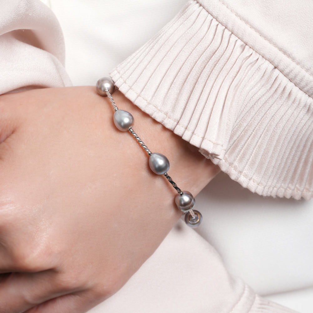 Elegant 9mm Multicolor Tahitian Pearl Bracelet in 925 Silver Rhodium, 8-Inch