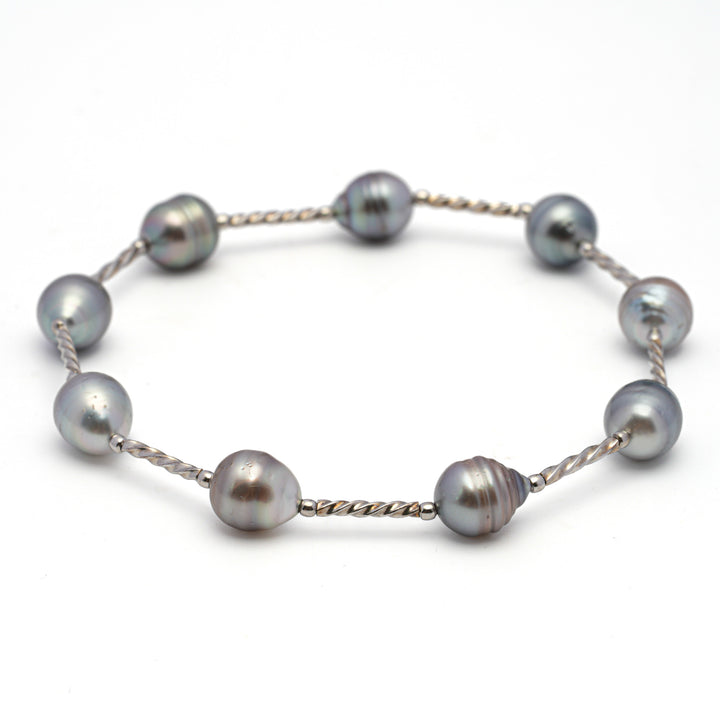 Elegant 9mm Multicolor Tahitian Pearl Bracelet in 925 Silver Rhodium, 8-Inch