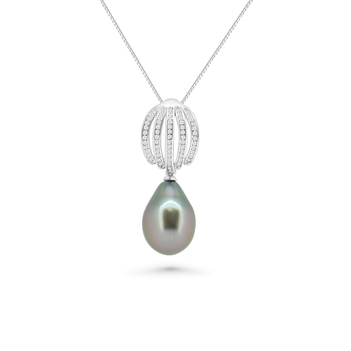 Elegant Floral Tahitian Pearl Necklace with 10mm Green Cherry Pearl & Zirconia Accents 