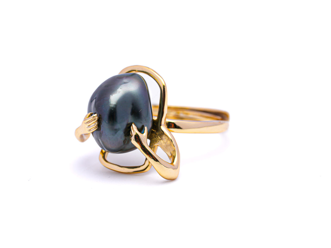 Elegant Tahiti Keshi Pearl Ring in 925 Silver Rhodium with Zirconia.