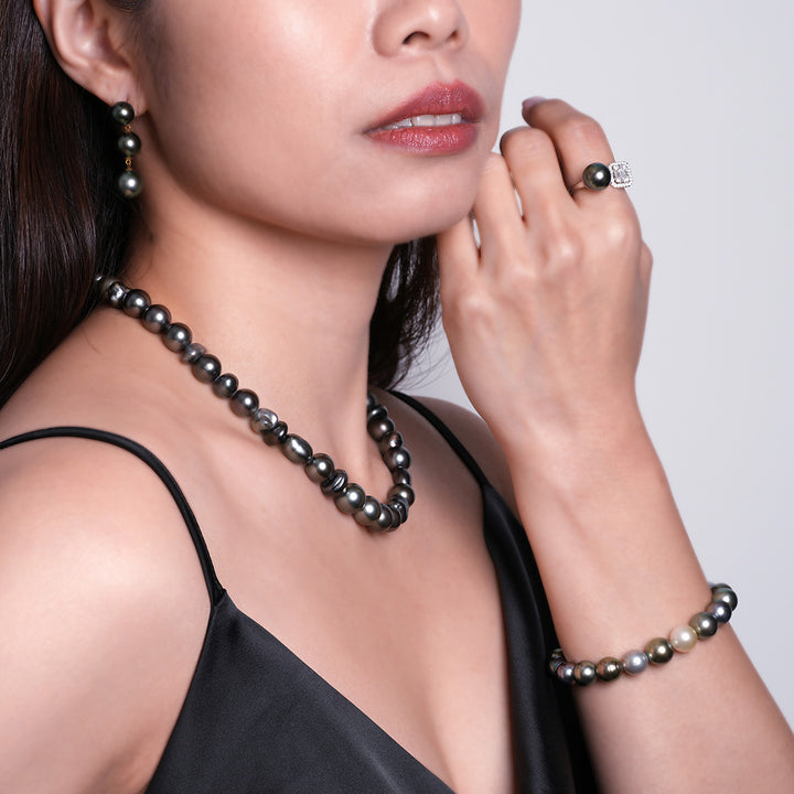 Elegant Tahitian Baroque Keshi Pearl Necklace with 43 Pearls on 16.7-Inch 925 Silver Rhodium Chain