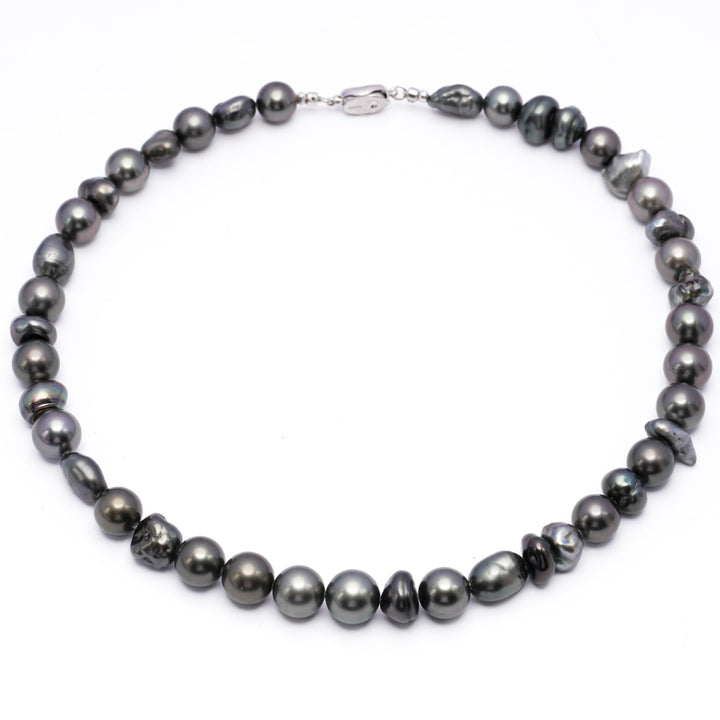 Elegant Tahitian Baroque Keshi Pearl Necklace with 43 Pearls on 16.7-Inch 925 Silver Rhodium Chain