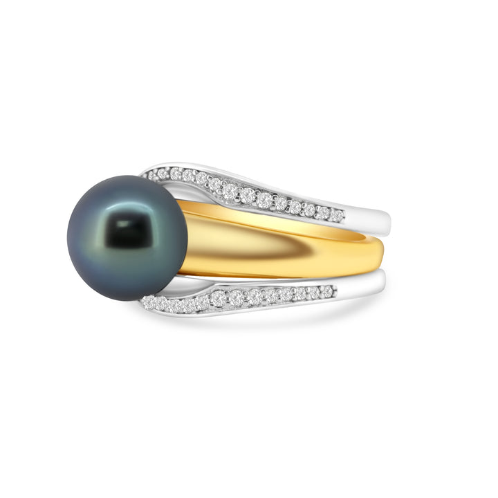 Exquisite Dark Green Tahitian Pearl Ring in 925 Sterling Silver with Mid Luster and Zirconia,