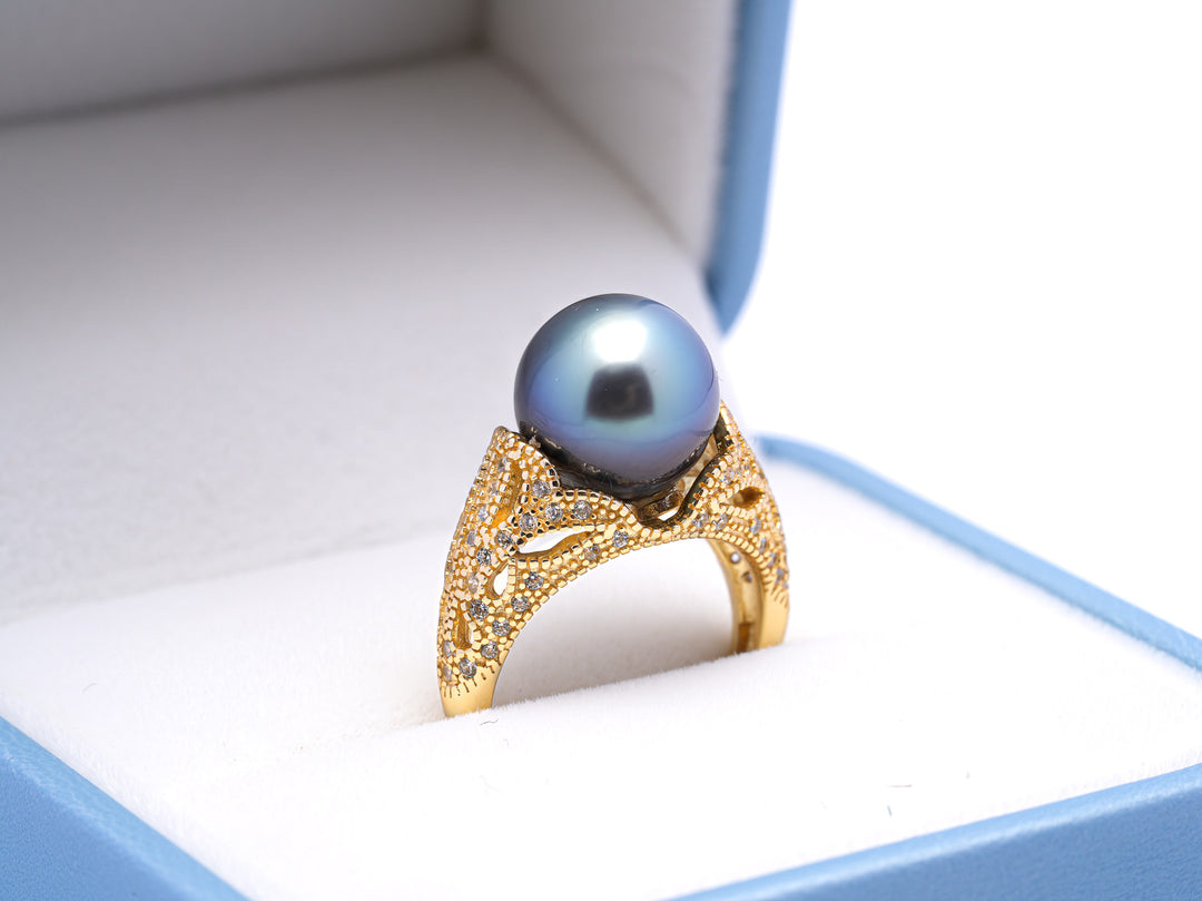 Exquisite Light Blue Tahiti Pearl Ring in 925 Silver Rhodium with Zirconia