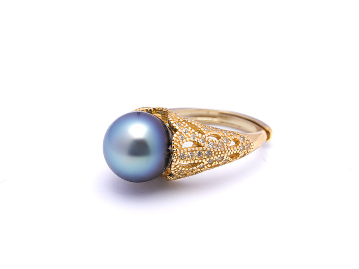 Exquisite Light Blue Tahiti Pearl Ring in 925 Silver Rhodium with Zirconia