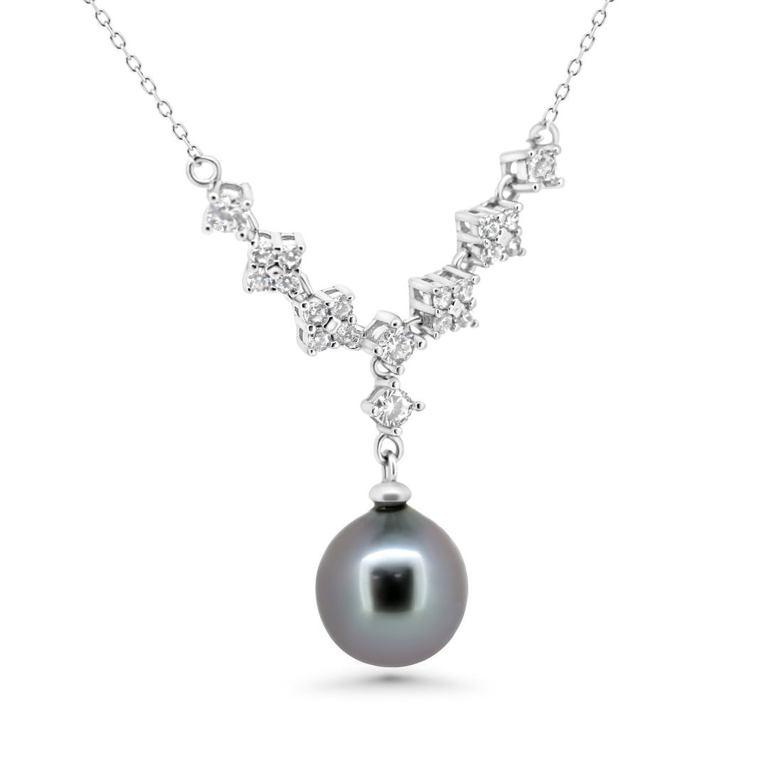 Floral Edition Grey Cherry Tahitian Pearl Necklace in 925 Sterling Silver with Zirconia