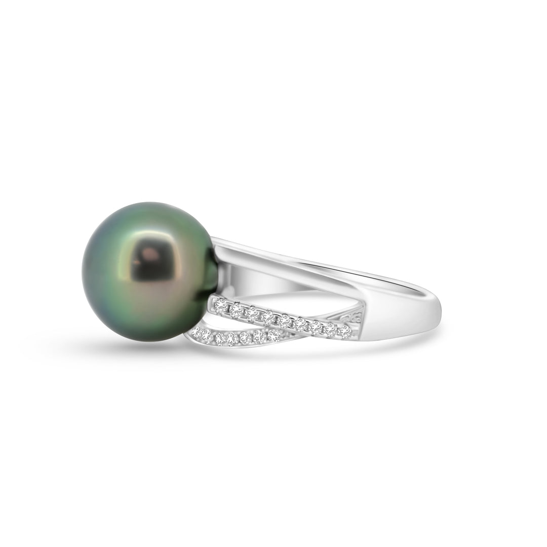 Genuine Green Tahitian Pearl Ring in 925 Sterling Silver with Zirconia, Adjustable Size