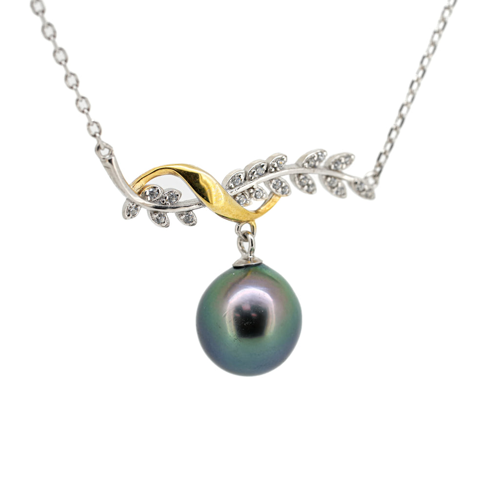 Limited Edition Floral Tahitian Pearl Necklace - 10.4mm Green Pearl, 925 Silver, Zirconia Accents