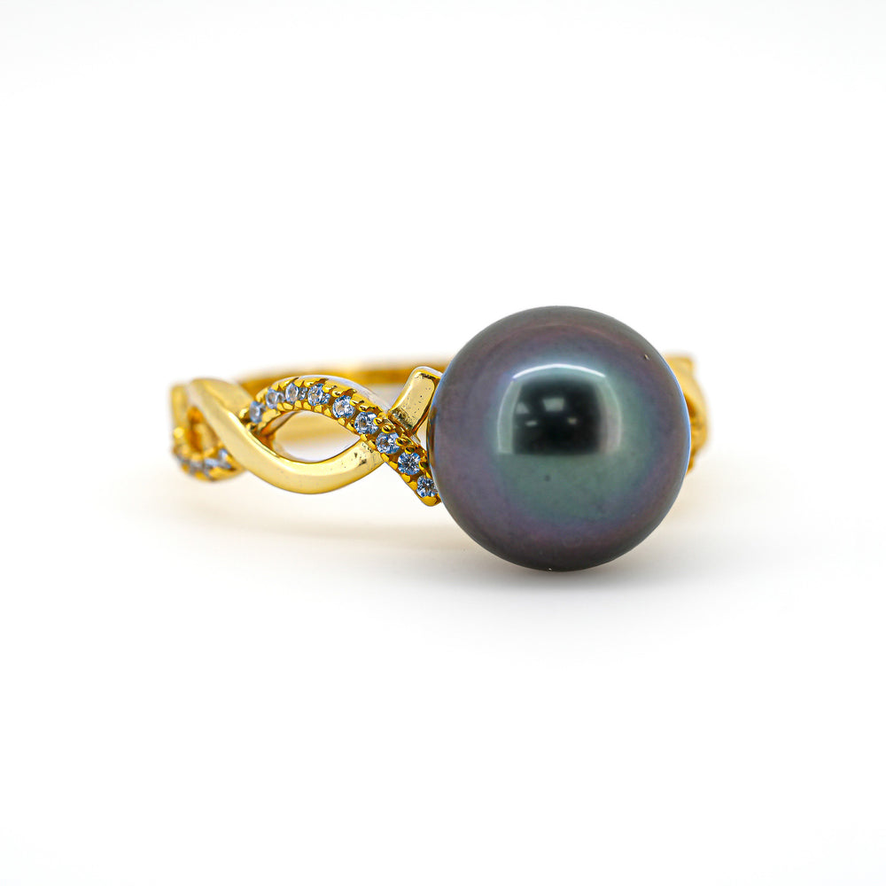 Minimalist 925 Silver Tahitian Pearl Ring with 9mm Purple Pearl & Zirconia.