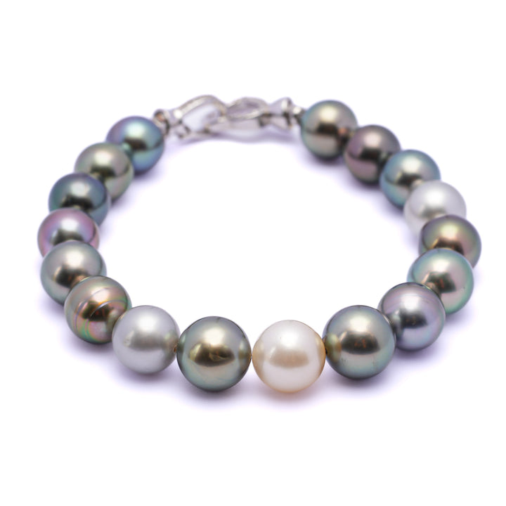 Multicolor Tahitian Pearl Bracelet with 9-10mm Pearls, 7.1-Inch Silver Chain