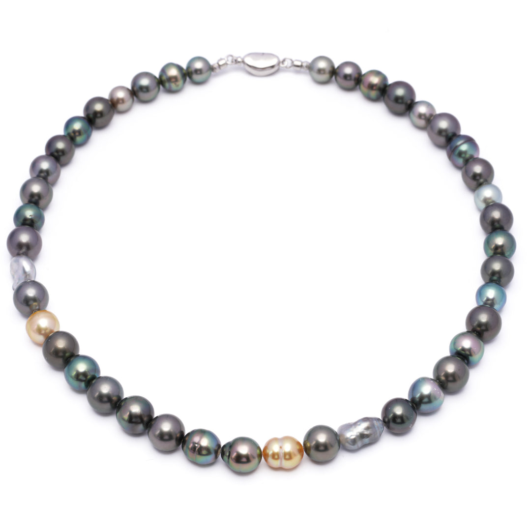 Multicolor Tahitian & South Sea Pearl Necklace with 42 Pearls, 17-Inch 925 Silver Rhodium Chain