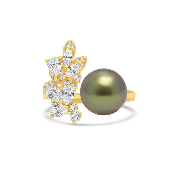 Gold ring with a green pearl and diamond accents on a white background