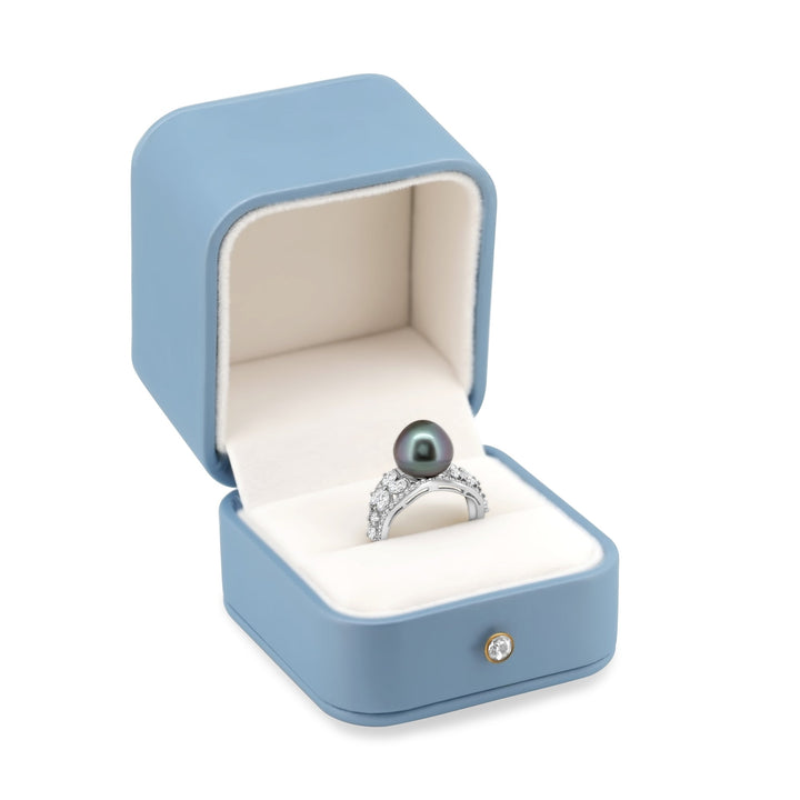 Stunning 11mm Green Tahitian Pearl Ring in 925 Silver with High Luster and Zirconia, "Butterfly II".