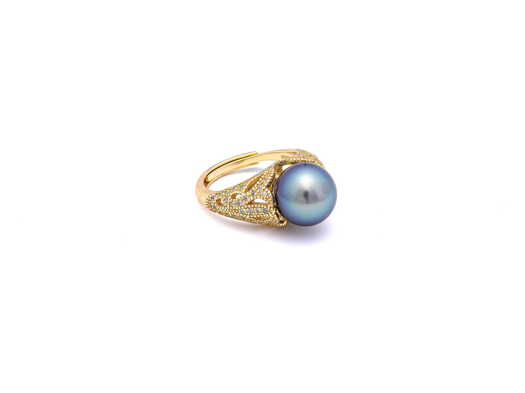 Exquisite Light Blue Tahiti Pearl Ring in 925 Silver Rhodium with Zirconia.