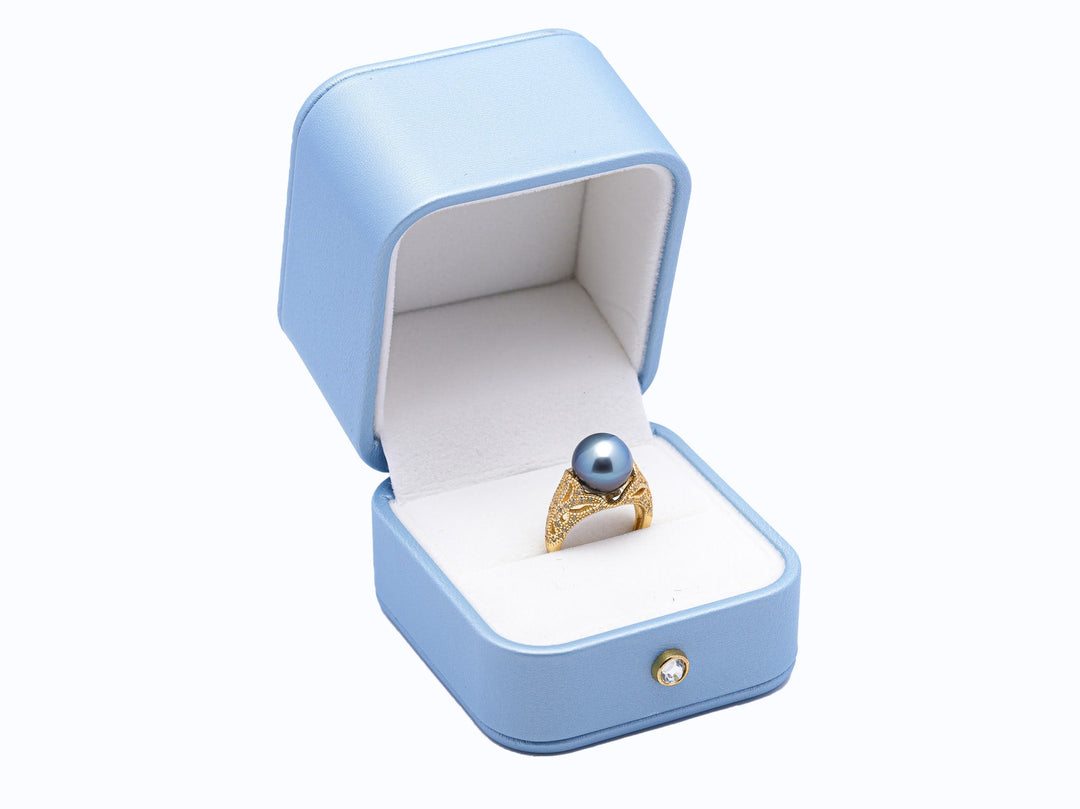 Exquisite Light Blue Tahiti Pearl Ring in 925 Silver Rhodium with Zirconia.