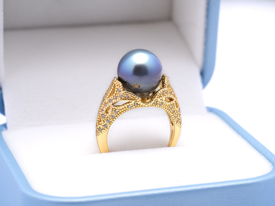 Exquisite Light Blue Tahiti Pearl Ring in 925 Silver Rhodium with Zirconia.