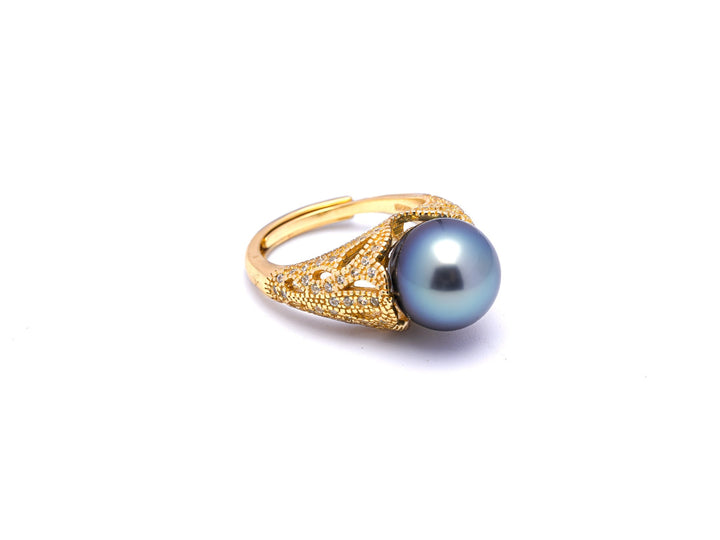 Exquisite Light Blue Tahiti Pearl Ring in 925 Silver Rhodium with Zirconia.