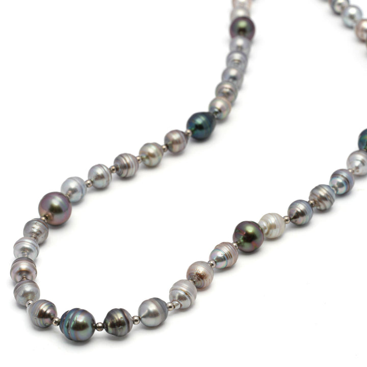 20-Inch Multicolor Tahitian Pearl Necklace with 47 Pearls, 925 Silver Rhodium.
