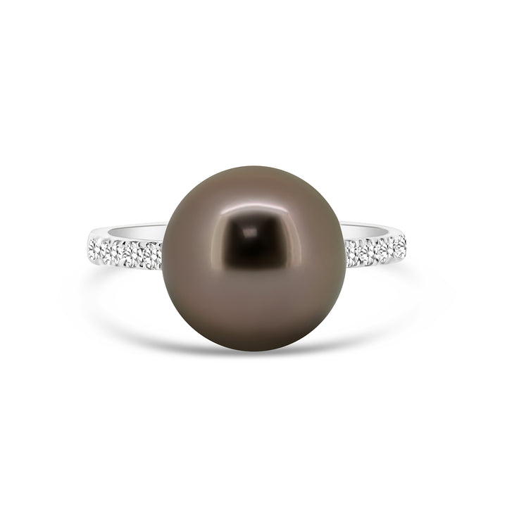 18K White Gold Tahitian Pearl Wedding Ring with Diamonds. ref:18k513