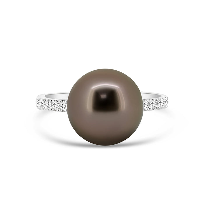 18K White Gold Tahitian Pearl Wedding Ring with Diamonds.