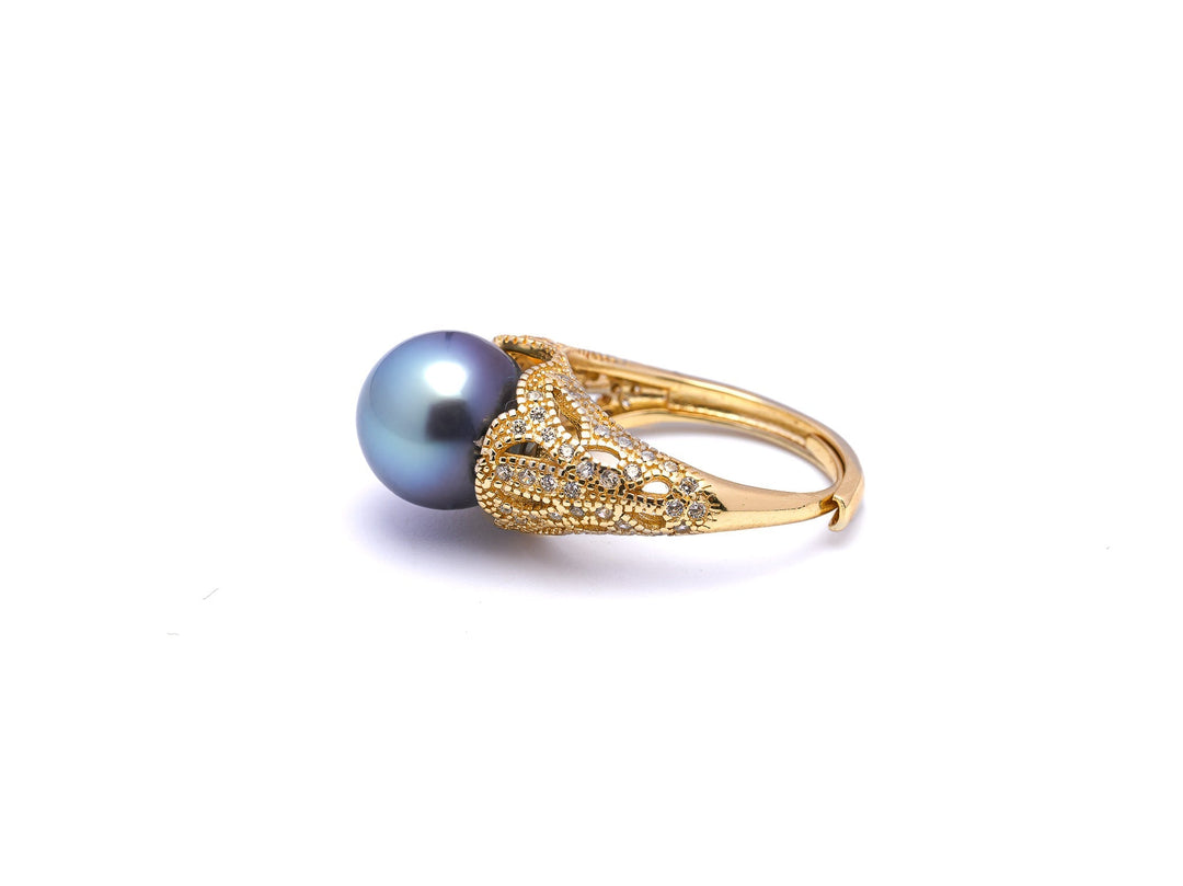 Exquisite Light Blue Tahiti Pearl Ring in 925 Silver Rhodium with Zirconia.