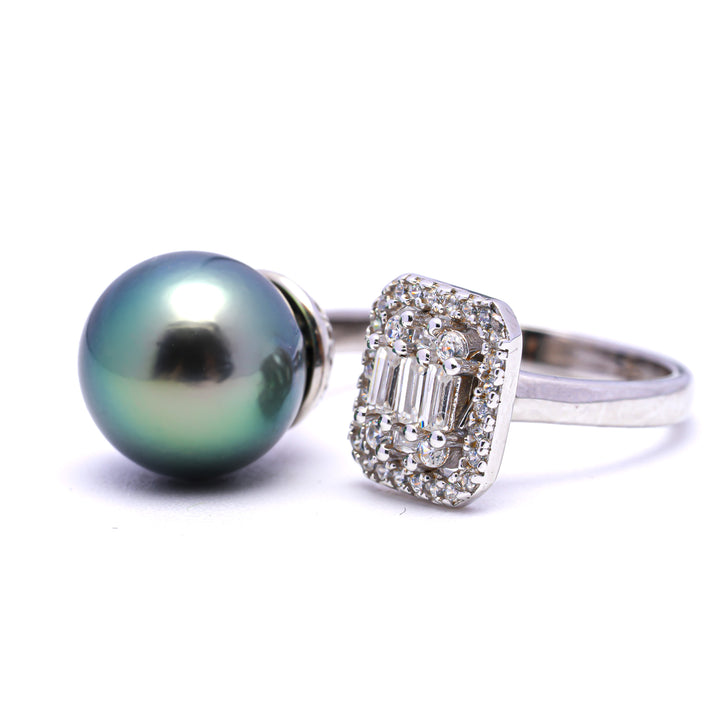 Tahitian Pearl Ring in 925 Silver Rhodium with 10mm Peacock Green Pearl & Zirconia. ref:SHM716 CMP1