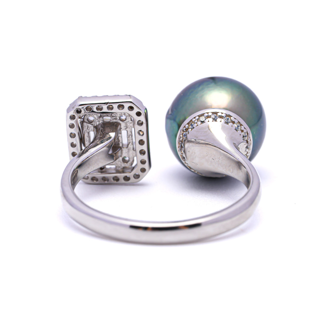 Tahitian Pearl Ring in 925 Silver Rhodium with 10mm Peacock Green Pearl & Zirconia. ref:SHM716 CMP1