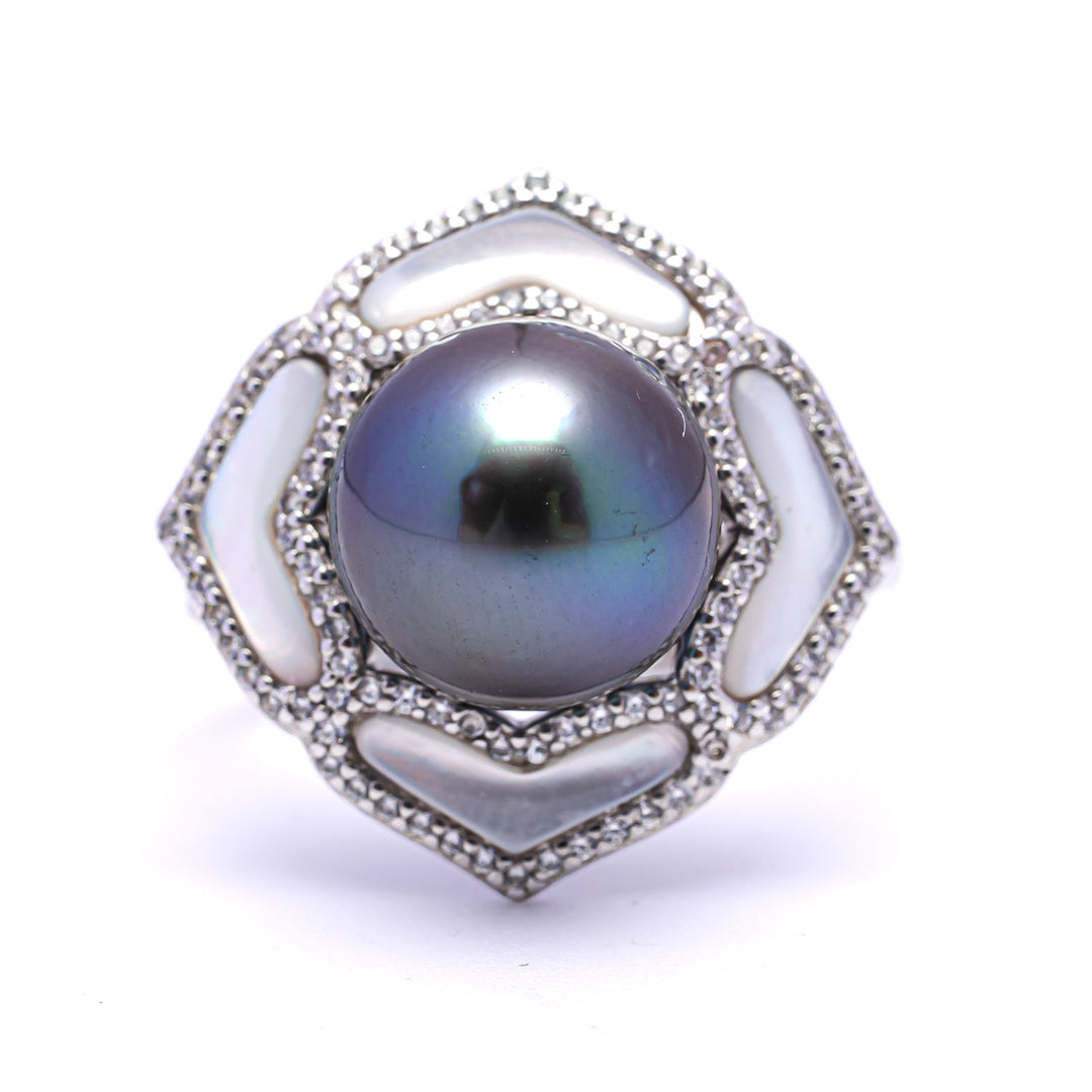 925 Silver Rhodium Tahitian Pearl Ring with 10mm Dark Pearl & Zirconia. ref:SHM766 TH1