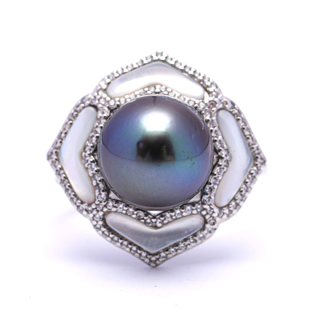 925 Silver Rhodium Tahitian Pearl Ring with 10mm Dark Pearl & Zirconia.