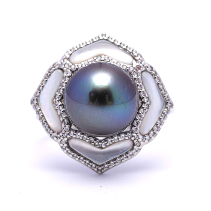 925 Silver Rhodium Tahitian Pearl Ring with 10mm Dark Pearl & Zirconia.